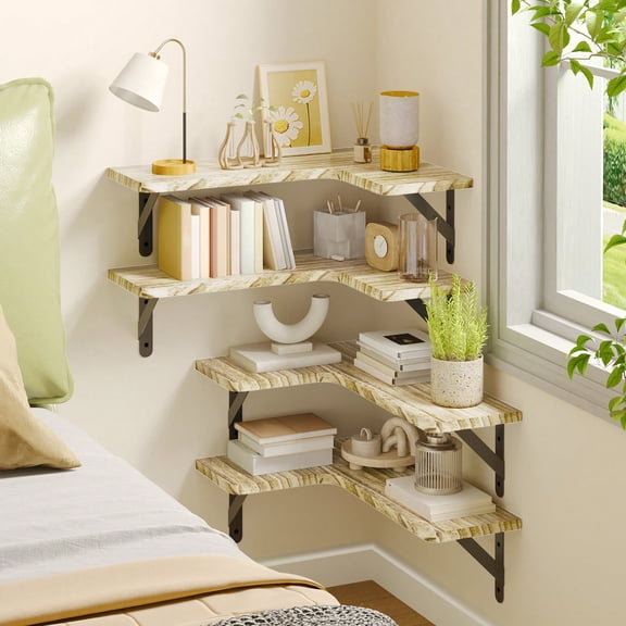 Set of 5/6 Rustic Wood Floating Corner Wall Shelves, Wall Mount Space-Saving Display Storage Rack, Multipurpose Home Decor Shelving for Bathroom, Kitchen, Bedroom, Living Room & Laundry Room