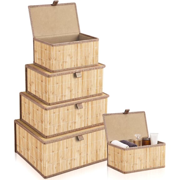 Set of 5 Bamboo Decorative Storage Boxes with Lids, Woven Lined Baskets for Organization, Stackable Nesting Storage Bins with Washable Liners, Versatile Wicker Basket Organizer for Home, Office