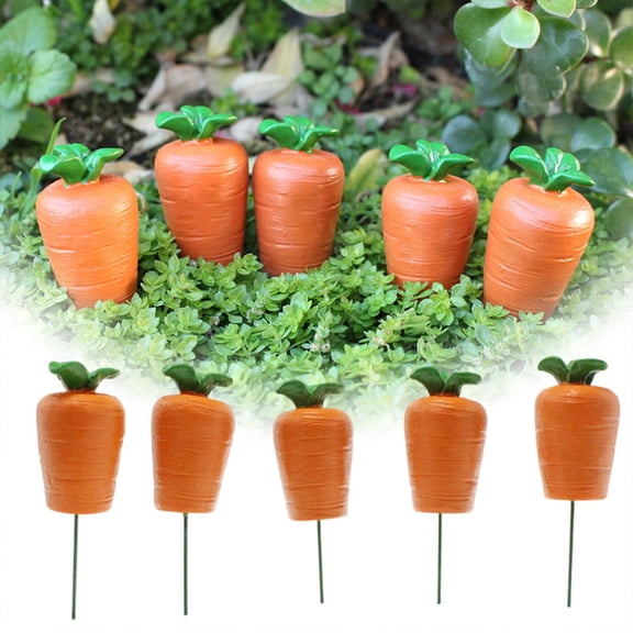 Set of 5 Carrot Garden Stakes Outdoor Decor, Resin Miniature Carrots Figurine Picks Yard Art Sticks for Spring Summer Patio Lawn Pathway Pot Flower Bed Ornaments
