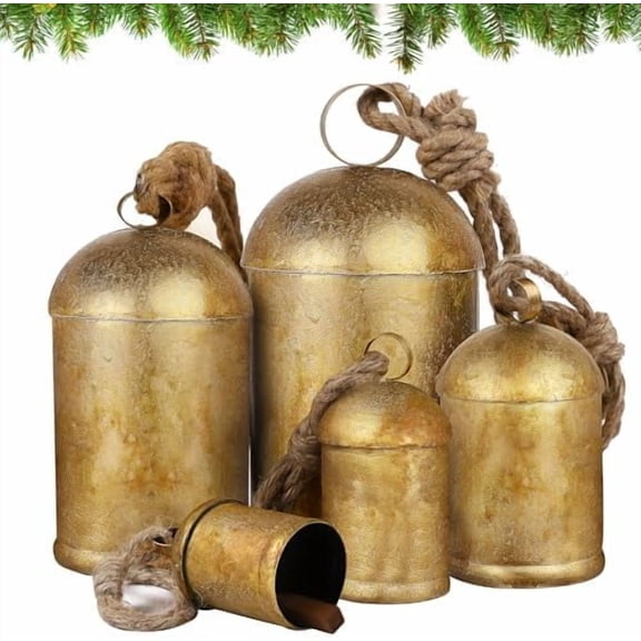 Set of 5 Christmas Bells Giant Vintage Cow Bells Christmas Metal Rustic Hanging Bells On Jute Rope Handmade Harmony Wind Chimes Wall Hanging Decor Gift for Xmas Decoration
