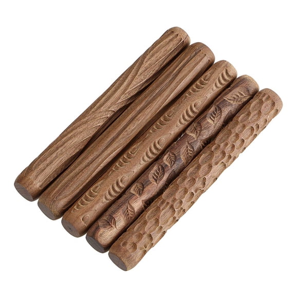 Set Of 5 Clay Modeling Pattern Rollers Kit Fish Leaves Cobblestone Ripple Wood Grain 4.7 In Rolling Pin Textured Hand Roller Wooden Handle Pottery Tools