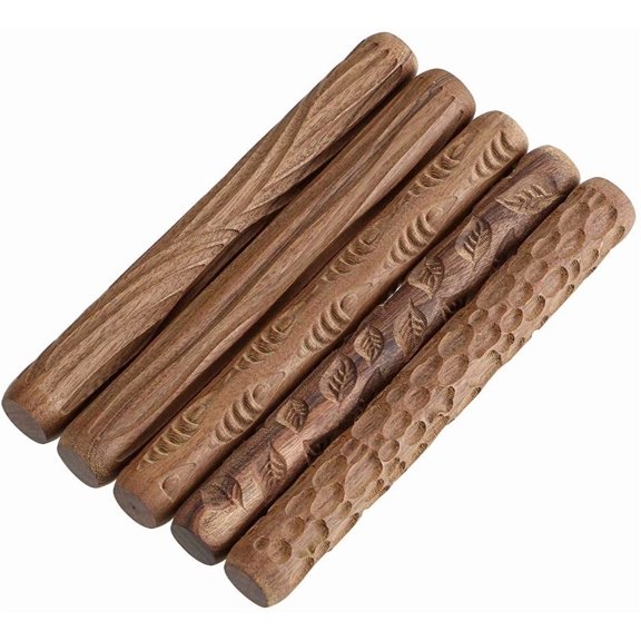Set of 5 Clay Modeling Pattern Rollers Kit, Fish Leaves Cobblestone Ripple Wood Grain Pattern 4.7 IN Clay Rolling Pin Textured Hand Roller Wooden Handle Pottery Tools Set
