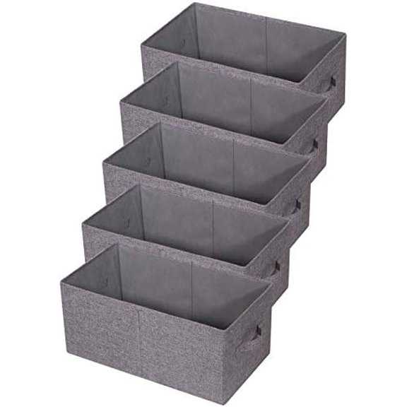 Set of 5 Closet Organizer Bins with Handle, Fabric Foldable Storage Baskets Cloth Box Containers for Shelves Home Office Clothes Clothing, Gray, Jumbo