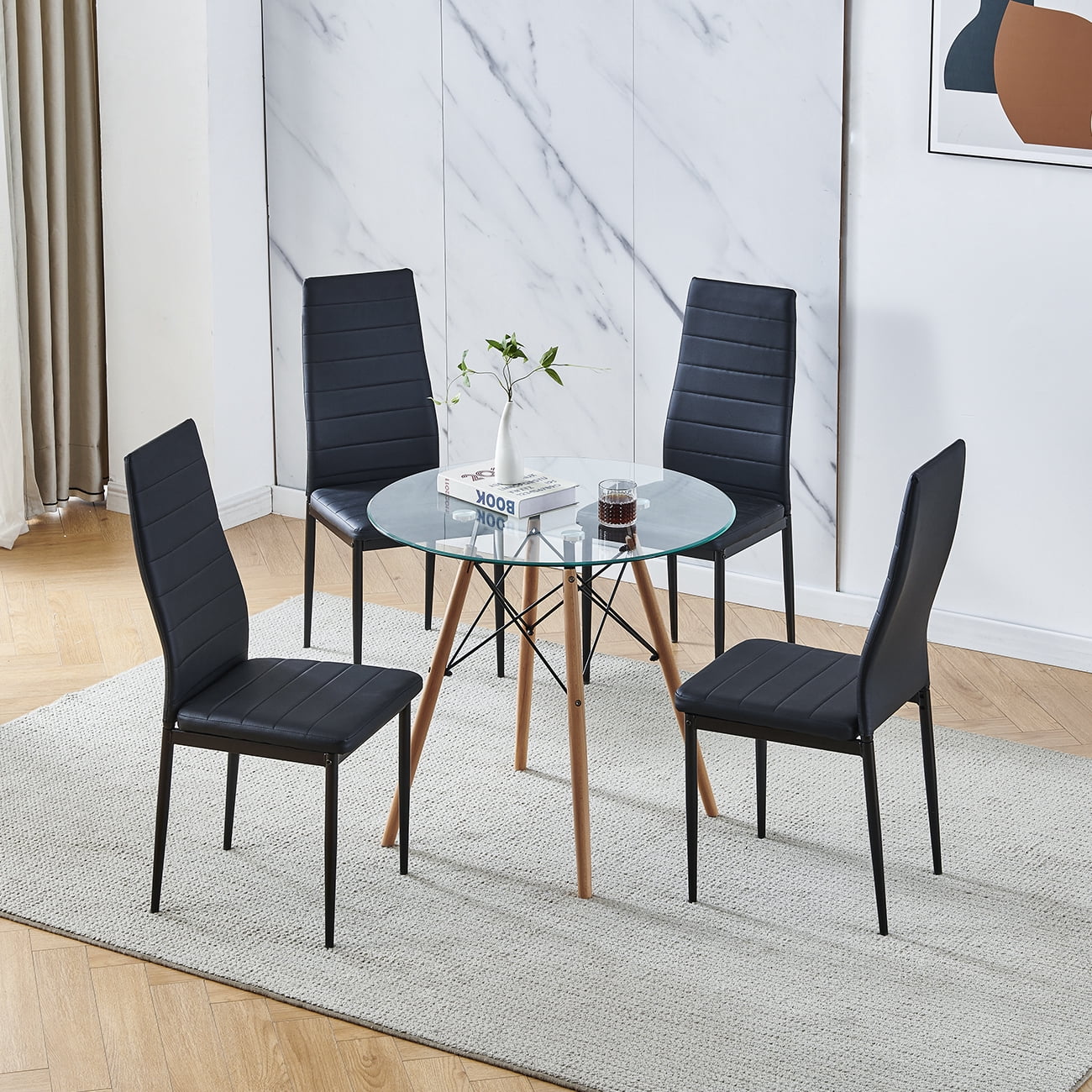 Set of 5 Dining Table Chair Set Round Glass Dining Table Small Kitchen ...