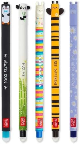 - Set of 5 Erasable Gel Pens with Thermosensitive Erase Ink, Range of ink colours & barrel designs, 0.7mm Tip, Penguin, Panda, Llama, Bee, & Hippo$$Office