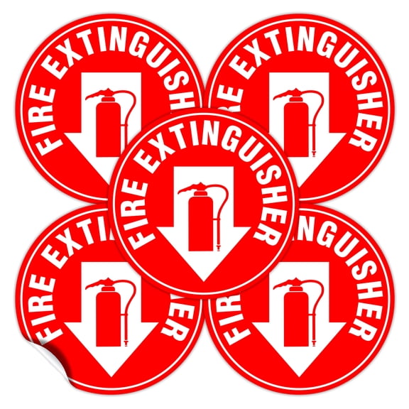 (Set of 5) Fire Extinguisher Sign | 4.5" Circle | Durable Self Adhesive 4 Mil Vinyl | Laminated | Scratch & Fade Resistant | Waterproof - Perfect for Building, Office, Restaurant, House or Store