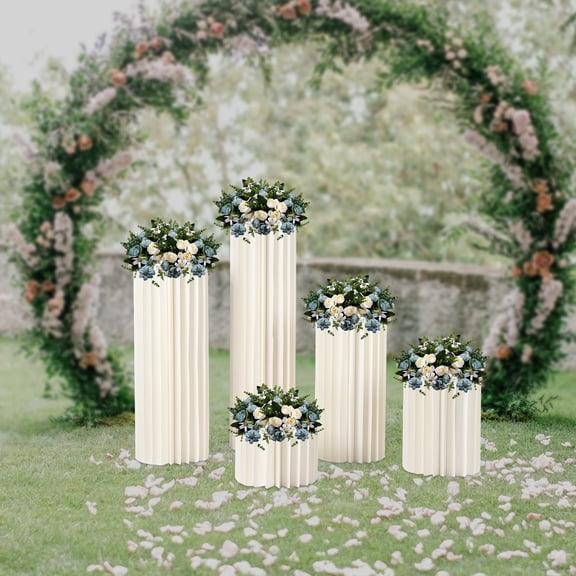 Set Of 5 Foldable Cardboard Cylinder Display Stands With PVC Liners, Multi Size Pillar Riser For Wedding Dessert Table & Floral Centerpiece Arrangement Decor