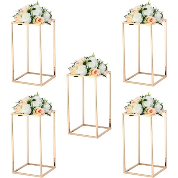 Set Of 5 Golden Wedding Flower Stands, 15.75Inches Tall Metal Vases Column Geometric Wedding Table Display Centerpieces, Floral Decoration Holders For Wedding Party Decor