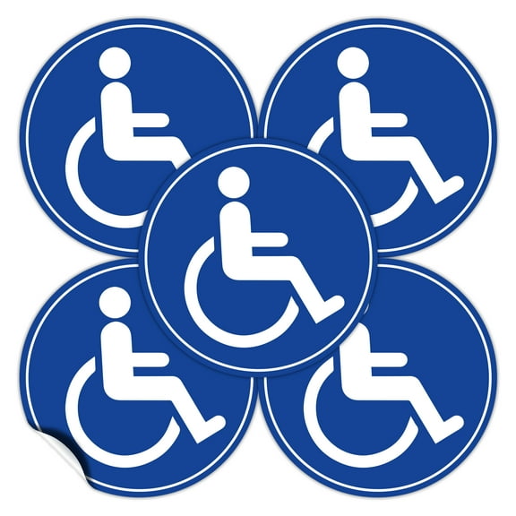 (Set of 5) Handicap / Disabled Wheelchair Access Sign - 4.5" Circle - Durable Self Adhesive 4 Mil Vinyl - Laminated - Fade & Scratch Resistant  Waterproof  Handicap Sign - Car, Bus, Office, Elevator