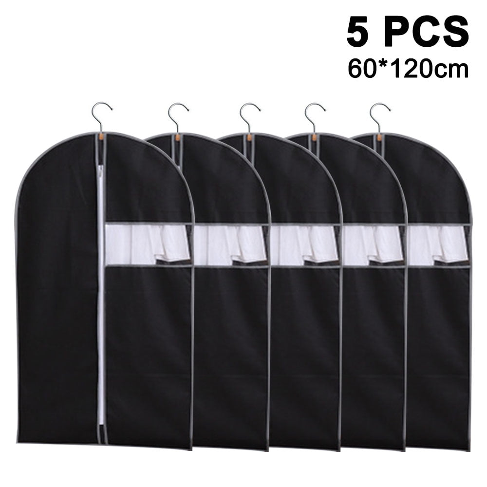 Set of 5 Hanging Garment Bags for Storage Breathbale Suit Cover for Closett Dust Suit Cover Protector with Zipper for Suit Coat, Jacket,Black,60x120cm