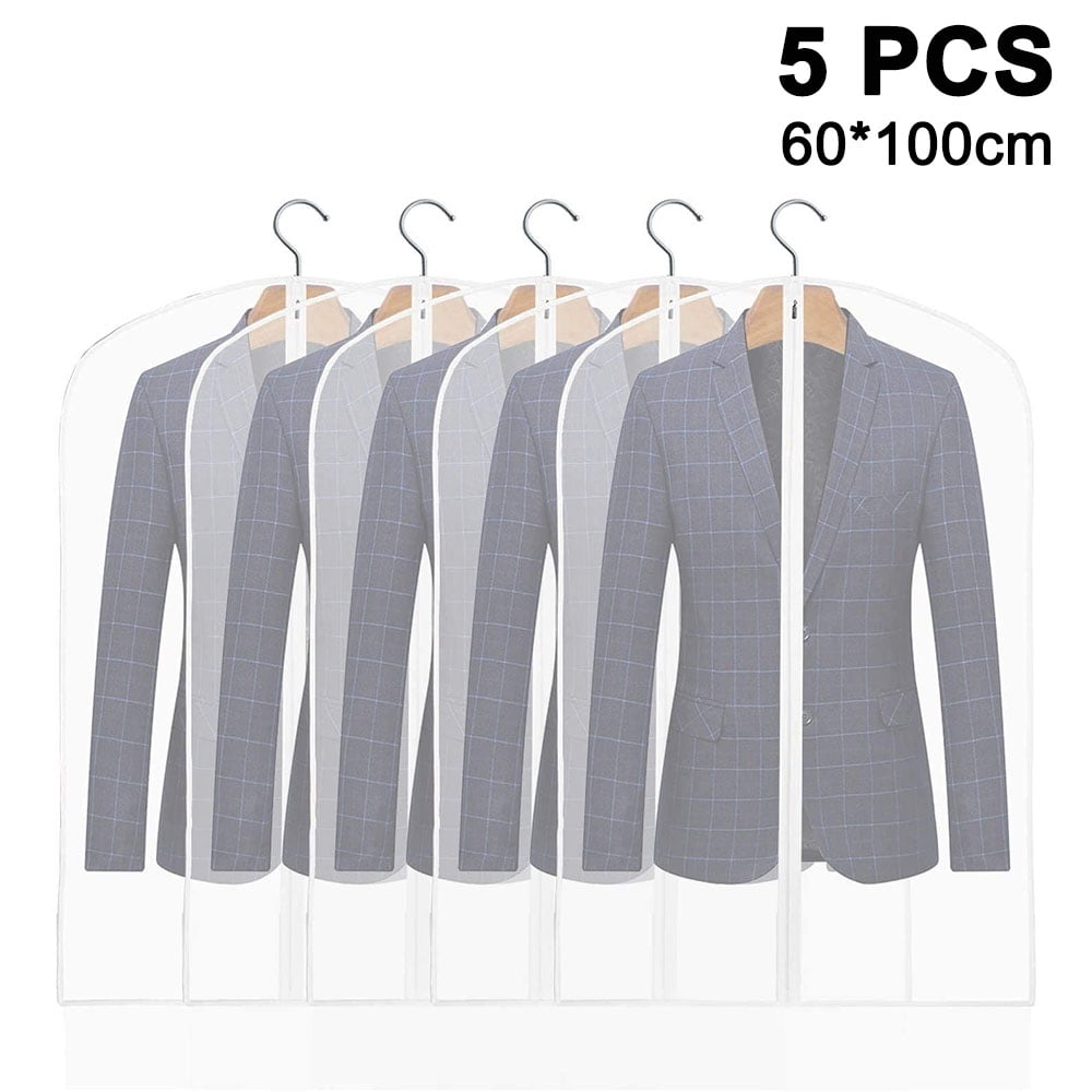 Set of 5 Hanging Garment Bags for Storage Breathbale Suit Cover for Closett Dust Suit Cover Protector with Zipper for Suit Coat, Jacket,White,60x100cm