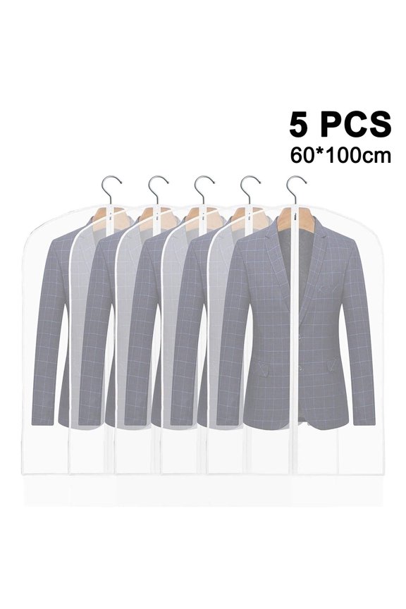 Set of 5 Hanging Garment Bags for Storage Breathbale Suit Cover for Closett Dust Suit Cover Protector with Zipper for Suit Coat, Jacket,White,60x100cm