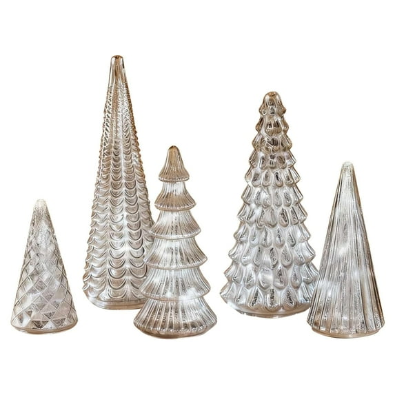 Set of 5 Illuminated Mercury Christmas Trees 2026 Upgrade LED Silver Xmas Tree Figurines for Tabletop Mantel Holiday Centerpiece Décor, Silver, Trees