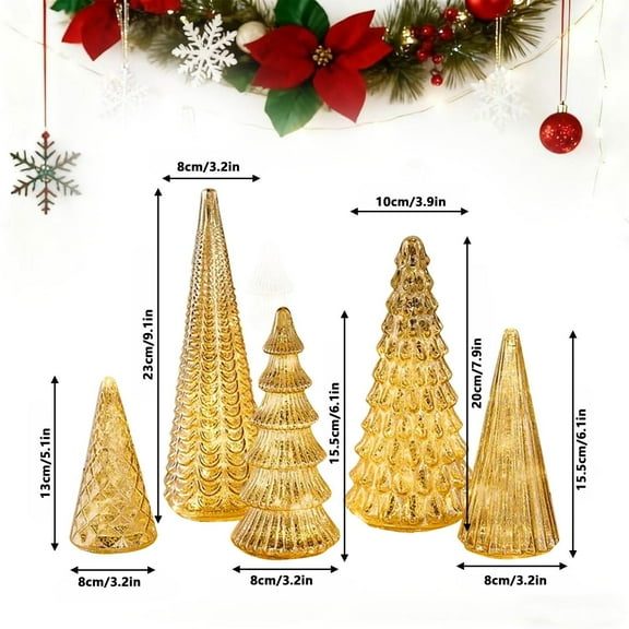 Set of 5 Illuminated Mercury Glass Christmas Trees with LED Lights, Gold Christmas Tree Figurines for Tabletop & Mantel Display, Holiday Home & Party Centerpiece Decor