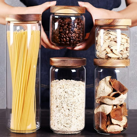 Set of 5 Kitchen Canisters,Thick, Stackable, Natural Style,Cookie, Rice and Spice Jars - Sugar or Flour Container - Big and Small Airtight Food Jar for Pantry