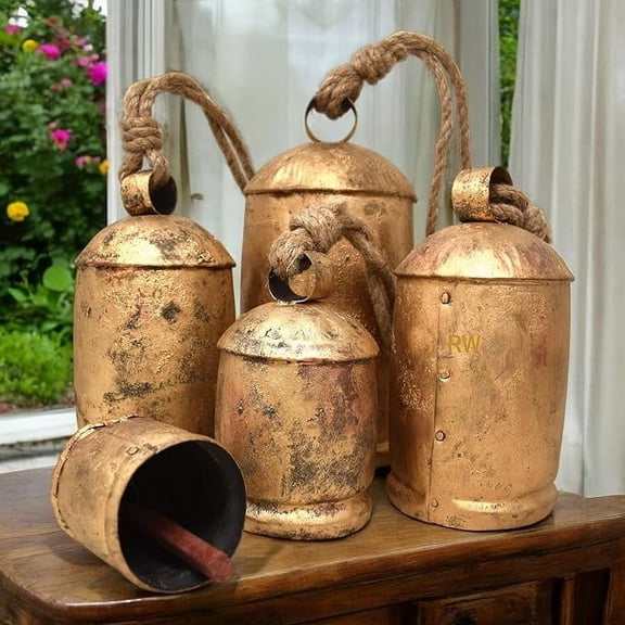 Set of 5 Large Bells XXL - Farmhouse Bells Vintage Style Harmony Shabby Chic Rustic Cow Bells for Christmas Decor - Gold Bells on Rope - Decorative Bells Hanging Ornaments