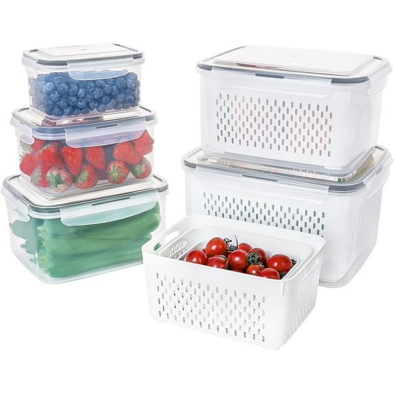 Set of 5 Large Fruit Containers for Fridge, Leakproof Produce Storage Containers with Lids and Removable Colanders - Produce Saver Containers Keep Fruits, Vegetables, Berry Fresh Longer
