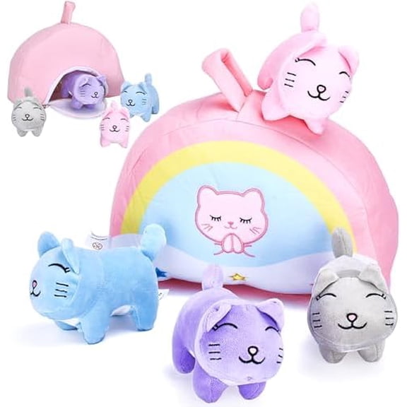 Set of 5 Mini Cat Stuffed - Plush Kittens with Rainbow Bag - Baby Kitten Stuffed Toys - Soft Kitty Toys - Ideal for Decorating and On-The-Go Fun (Multi-Colored)