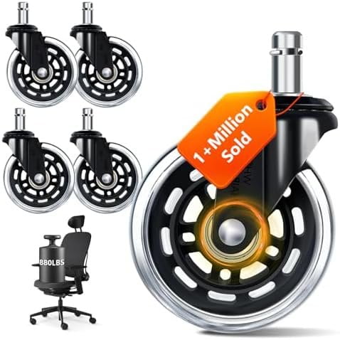 Set of 5 Office Chair Wheels, 3 Inch Smooth Replacement Roller Wheels, 880LBS Heavy Duty Casters Long Lasting, Universal Fit for , Office, Gaming Chair,Transparent