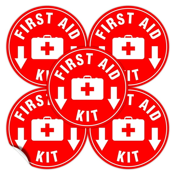 (Set of 5) Red First Aid Kit Sign Stickers | 4.5" Circle | Durable Self Adhesive 4 Mil Vinyl - Laminated - Fade * Scratch Resistant - Emergency Safety First Sign For Home, Office or Restaurant