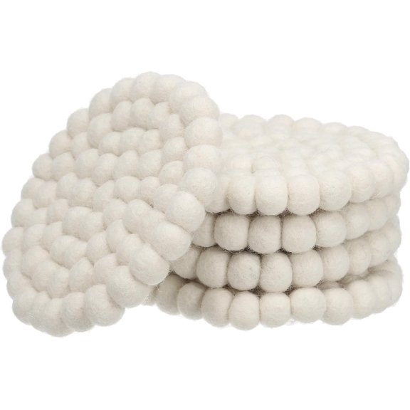 Set of 5 Round Wool Felt Coasters, Absorbent Cute Desk Coaster for Drinks Handmade Felt Table Decor Fun Merino Wool Pads for Bar Home Office Restaurants, White