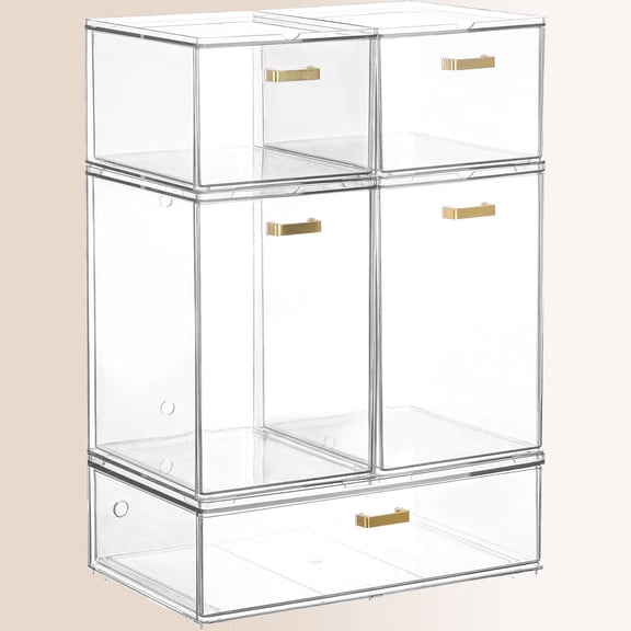 Set of 5 Stackable Storage Drawers, Clear Acrylic Organizer Bins for Beauty Supplies, Perfect for Makeup Vanity, Undersink, Kitchen, Cabinet,Pantry Organization and Storage