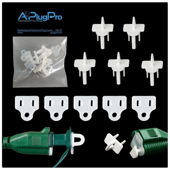 APlugPro Weatherproof Gaskets & Plug Covers, Protect Outdoor Extension Cord & Christmas Light Connections from Moisture and Stop Tripping GFCIs, Made in USA, 5 Pack White