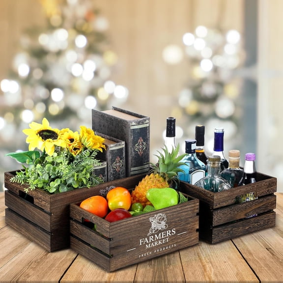 Set of 5 Wood Crates for Display Decorative Nesting Wooden Crate Storage with Handles Vintage Farmhouse Style Decorative Boxes Multipurpose Fruits Vegetables Boxes(Dusty Brown,Elegant)