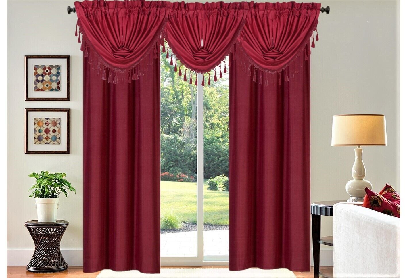 Set of 5 piece 2 panels R64 and 3 matching waterfall valances BURGUNDY ...