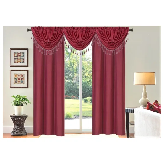 Gorgeous Home Linen 5-Piece Burgundy Blackout Microfiber Curtain Set with 2 Panels and 3 Waterfall Valances R64 84"