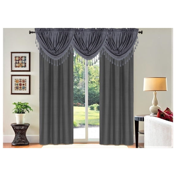 Set of 5 piece 2 panels R64 and 3 matching waterfall valances CHARCOAL color blackout light filtering lined window curtain for living room, bedroom, sliding door décor