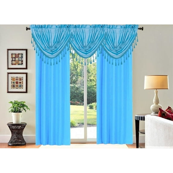 Set of 5 piece 2 panels R64 and 3 matching waterfall valances RS8 TURQUOISE color blackout lined window curtain for living room, bedroom, sliding door décor