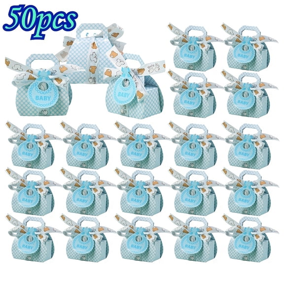 Set of 50 Blue Baby Shower Gift Bags, with Ribbons and Bibs, Cute Plaid & Teddy Bear Pattern, suitable for Baby Shower Party Favors for Boy, Baby Shower Thank You Gifts, Birthday Celebrations