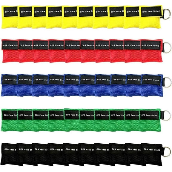 Set of 50 CPR Mask, Disposable CPR Shield Mask Emergency Mask Key Chain Ring ,with One-Way Valve Breathing Barrier for First Aid or AED Training (Colorful-50PCS)