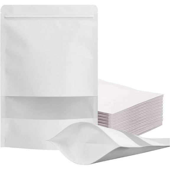 Set of 50 White Food Packaging Bags,ip Lock Snacks Storage Bags with Clear Window,Reusable Kraft Paper Bags,Sealable Stand Up Pouches,for Home Kitchen Office Shop 3.9" x 5.9"