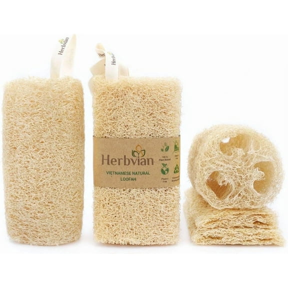 Set 5Pcs Natural Vietnamese Loofah Sponge, 100% Plant-Based Luffa Exfoliating Body Scrubber for Shower, Multi-Functional for Kitchen, Ideal for Men & Women, Spa & for Pet