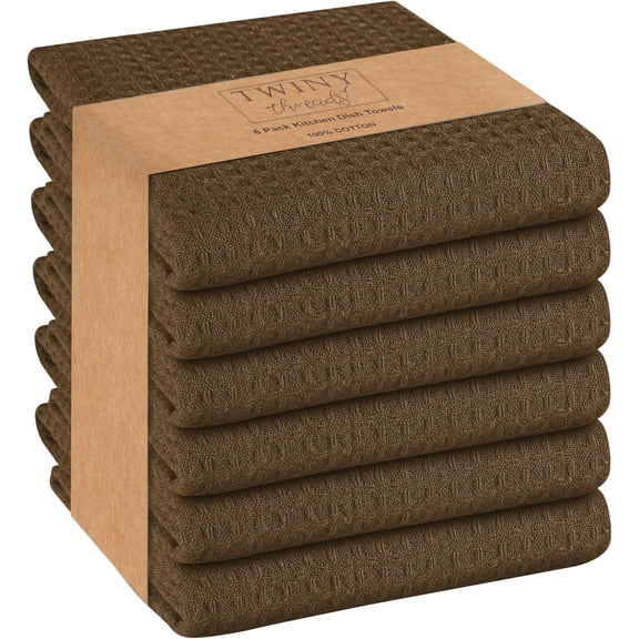 Set of 6 100% Cotton Solid Kitchen Towels with Hanging Loop (16 X 26 inches) | Ultra Absorbent Dobby Waffle Weave Washcloth | Reusable, Machine Washable Hand Towels - Brown