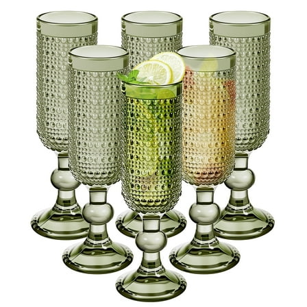 Set of 6 140ml/4.7OZ Tall Champagne Glasses, Green Glasses, Classic Embossed Dot Design, Suitable for Champagne/Sparkling Wine/Cocktails Party Drinking Glasses