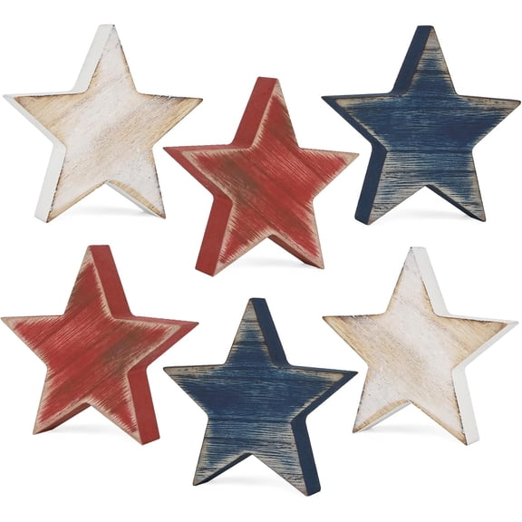 Set of 6 4th of July Decorations Wooden Star, Retro Solid Red White Blue Patriotic Decor, Labor Day Memorial Day Veterans Day Tiered Tray Decor, Home Office Table Shelf Patriotic Decorations