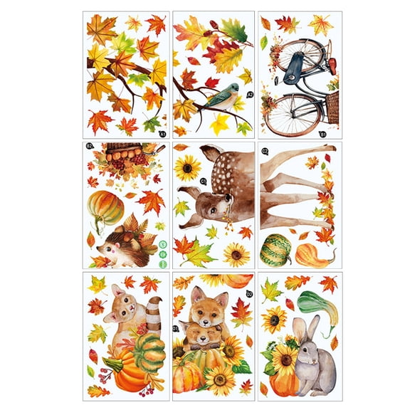 Set Of 6/9 Autumn Window Stickers Self-Adhesive Fall Leaves Gnome Decorative Clings, Easy To Apply Remove Without Residue Reusable Paper Material, Thanksgiving Home