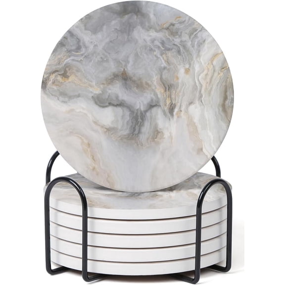 Set of 6 Abstract Gray White Marble Coasters with Holder, Absorbent Ceramic Coasters for Drinks, Coasters with Cork Backing for Table Protection, Housewarming Gifts for New Home