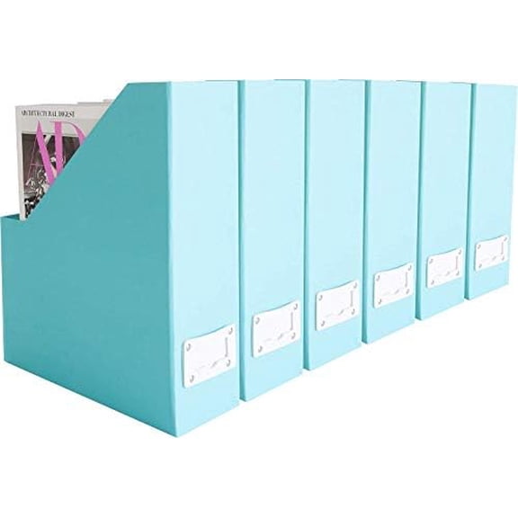 Set of 6 Aqua Magazine File Holders | Foldable Magazine Storage Boxes with White Leather Label Holders | Vertical File Organizer for Desk, Shelves & Home Office
