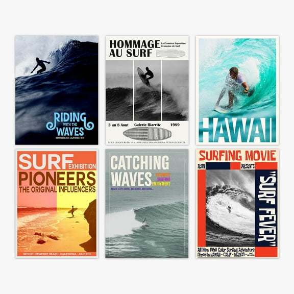 Set Of 6 Beach Art Prints - Coastal Surf Wall Art Prints, Summer Seascape Theme Pictures Ocean Waves Surfer Room Decor - Surfing Posters For Home Decor / Surfers Lover Gifts / Cute Surfing Artworks