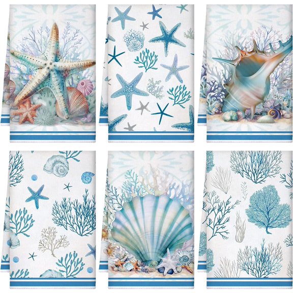 Set of 6 Beach Kitchen Towels Coastal Ocean Dish Sea Nautical Tea Absorbent 24 x 16 Inches Shell Coral Starfish Hand Summer Gifts for Farmhouse Bathroom Decorations