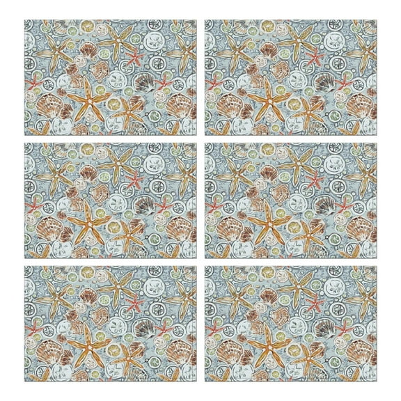 Set of 6 Beach Table Mats with Nautical Ocean Coral Pattern, Flax Heat Resistant Wrinkle Free Placemats, Machine Washable Coastal Summer Dining Room Decor
