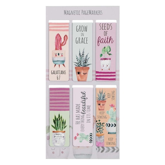 Set of 6 Beloved Scripture Favorites w/Cactus & Cheerful Flower Pots Inspirational Magnetic Bible Verse Bookmark with Scripture, Size Small 2.3" x .75"