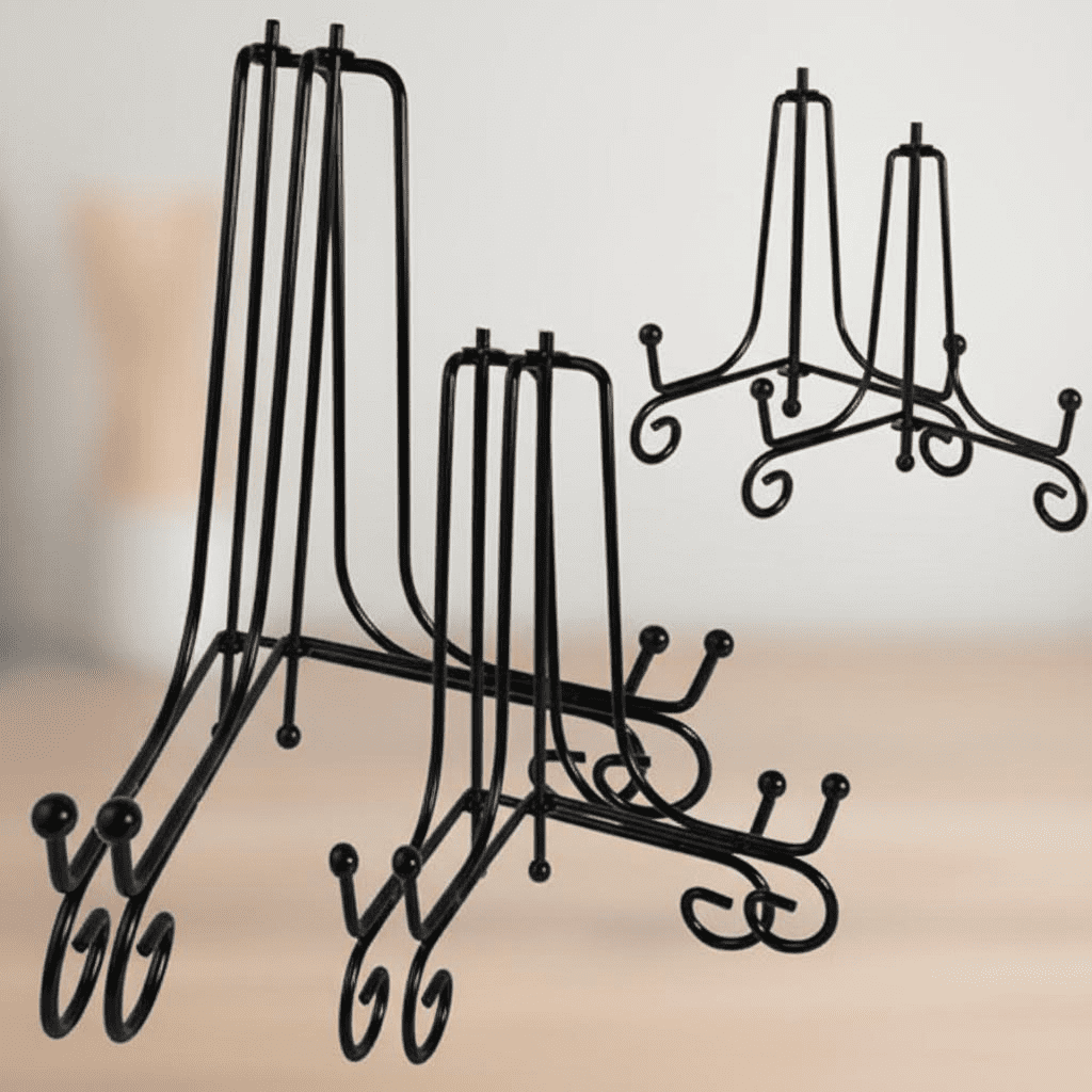Set of 6 Black Iron Plate Display Stands in 3 Sizes (4, 6, 8 Inch) - Versatile Metal Easel Holders for Plates, Pictures, Books, Cards, Plaques, and Bowls