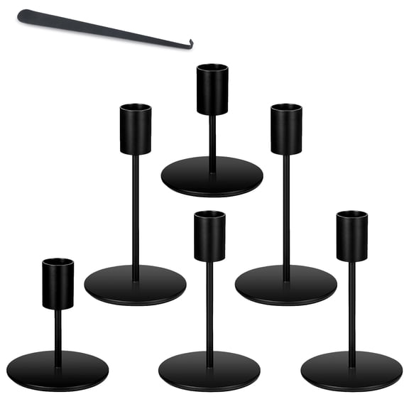 Set of 6 Black Metal Candlestick Holders, Vintage Taper Candle Holders for Wedding, Dining Table, Mantel Decor, Fits 0.85" Thick Candles & LED Lights, Included a Candle Wick Hook