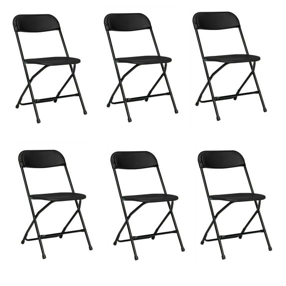 Set of 6 Black Plastic Folding Chairs, Indoor Outdoor Portable Stackable Commercial Seat with Steel Frame, 350lb Capacity for Events Office Wedding Party Picnic Kitchen Dining