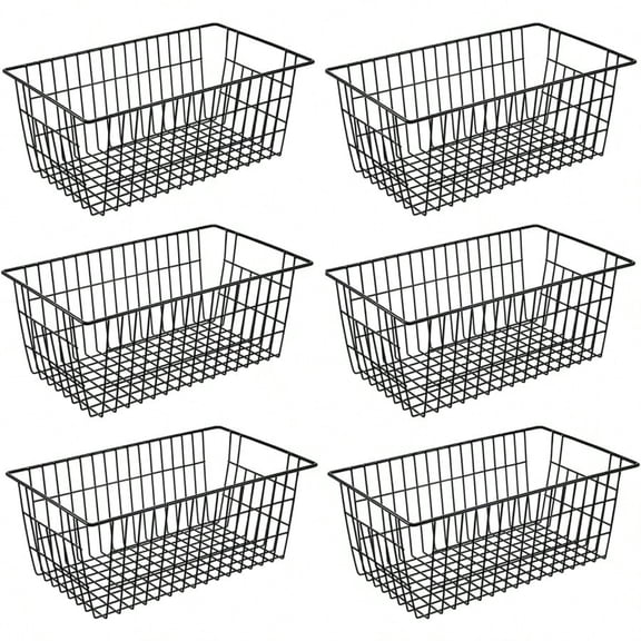 Set of 6 Black Wire Storage Baskets - Large Farmhouse Metal Organizer Bins with Handles | Stackable for Kitchen, Pantry, Closets, Bedrooms, Bathrooms | Freezer & Shelf Storage Organizers